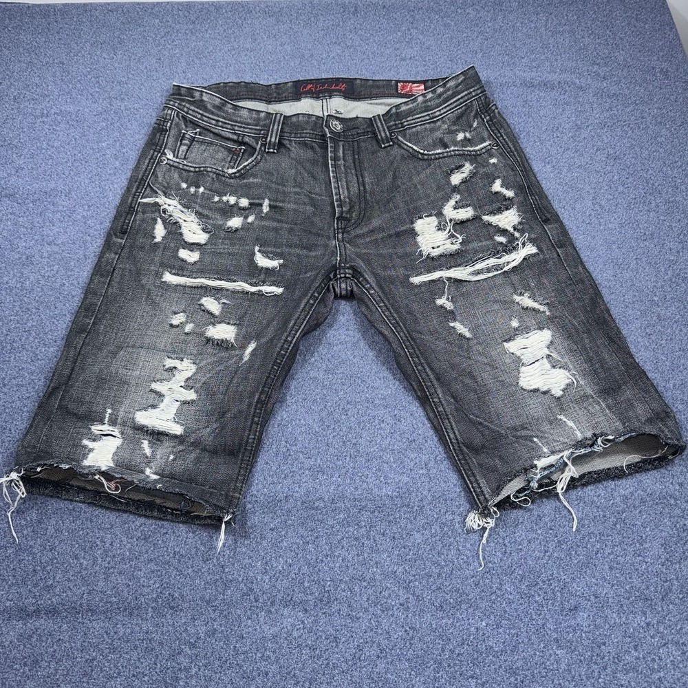 Cult of Individuality Shorts Mens 34x11 Black Harley Japanese Denim Distressed